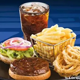 Open-faced burger with fries, onion rings and a glass of cola