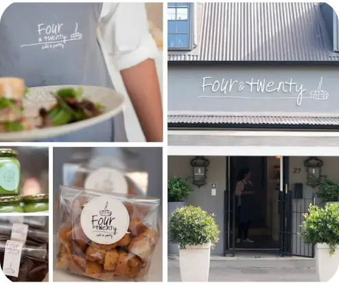 Four & Twenty storefront, apron logo and packaged baked goods