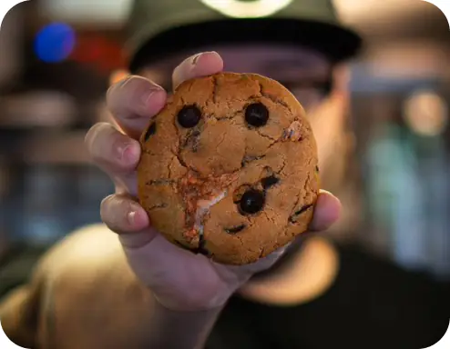 Hand holding a chocolate chip cookie up to the camera